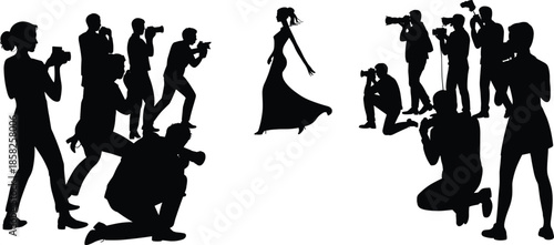 Fashion model walking runway surrounded by paparazzi photographers silhouettes capturing glamour celebrity photoshoot media event concept professional photography vector illustration