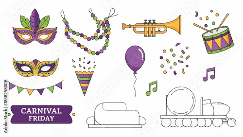 Mardi Gras Carnival with Masks Beads Trumpet Drum Balloon and Confetti Keywords: Mardi Gras