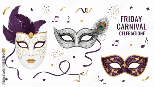 Masquerade Masks with Feathers and Confetti Keywords: masquerade, mask, carnival, celebration