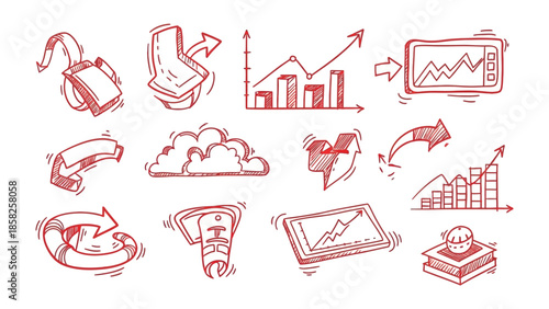Business Icons: An array of sketched icons, representing business and technology, in a simple yet effective artistic design. capturing of the essential concepts of business.