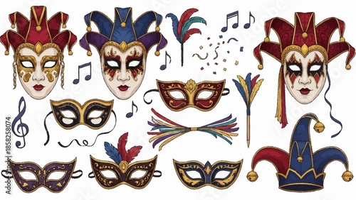 Ornate Masquerade Masks and Carnival Jester Hats with Musical Notes Keywords: masquerade, mask