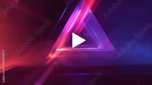 a beautiful intro play button lay button in center of illuminated triangle surrounded by particles and digital energy, symbolizing technology, media streaming, innovation, and virtual design