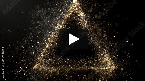 a beautiful intro play button lay button in center of illuminated triangle surrounded by particles and digital energy, symbolizing technology, media streaming, innovation, and virtual design