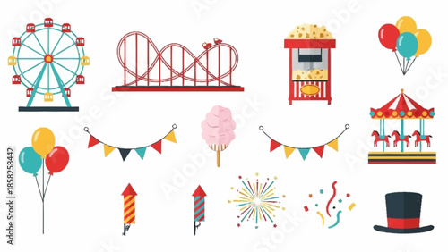 Carnival and Amusement Park Set with Ferris Wheel and Roller Coaster Keywords: carnival