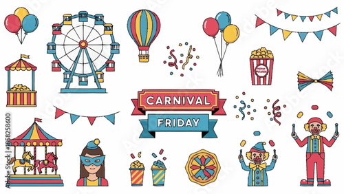 Carnival Fairground Attractions and Treats with Ferris Wheel Carousel Hot Air Balloon and Clowns