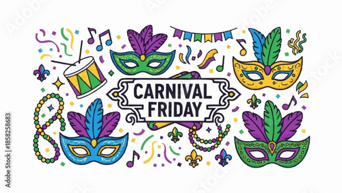 Carnival Friday celebration with masks beads drum and festive banners