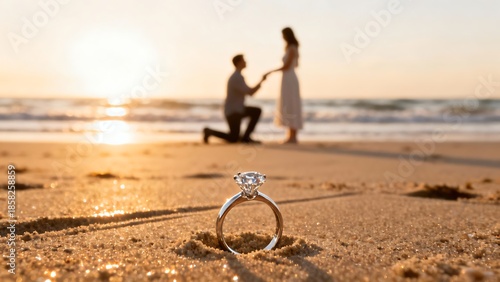 A romantic marriage proposal scene at the beach.