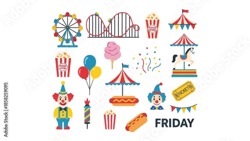 Colorful Cartoon Carnival with Text and Confetti Keywords: carnival, amusement park, ferris