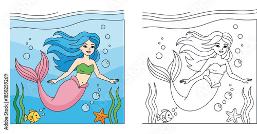 Cute mermaid swimming underwater vector illustration coloring book page. Educational worksheet for kids with colored example and black and white outline for coloring activity.