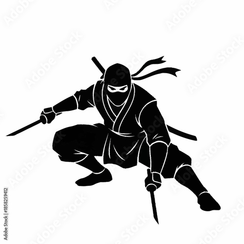 Dynamic Ninja Silhouette with Dual Katanas in Action Pose.