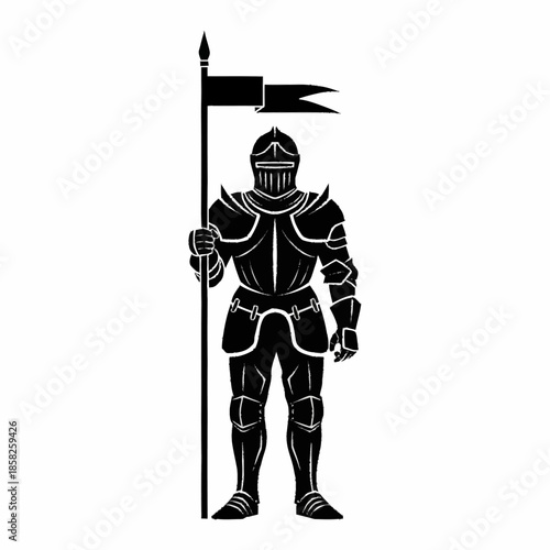 Medieval Knight in Full Armor Holding a Flagpole with a Banner.