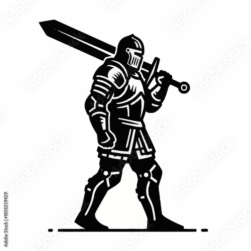 Medieval Knight Warrior with Sword Walking Silhouette.