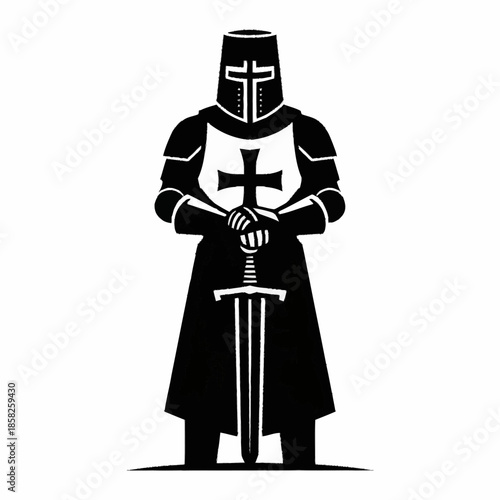 Crusader Knight Standing with Sword and Shield.