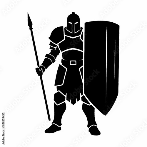 Black silhouette of a medieval knight in full armor holding a spear and shield.