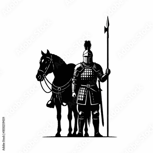 Medieval Knight with Horse and Spear Silhouette.