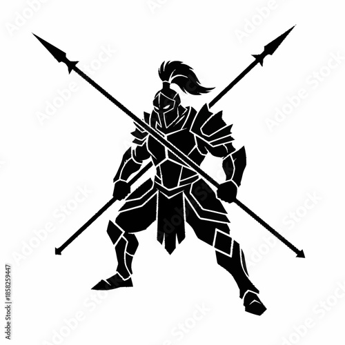 Powerful armored warrior with crossed spears, ready for battle.
