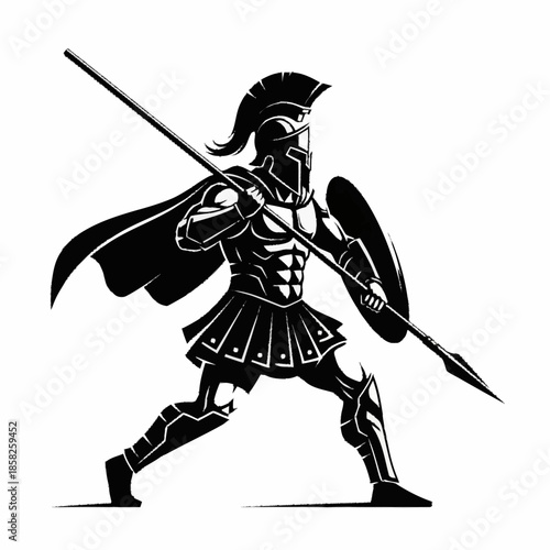 Powerful Spartan Warrior in Full Armor with Spear and Shield.