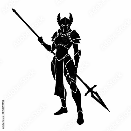 Powerful Valkyrie warrior in full armor holding a spear.