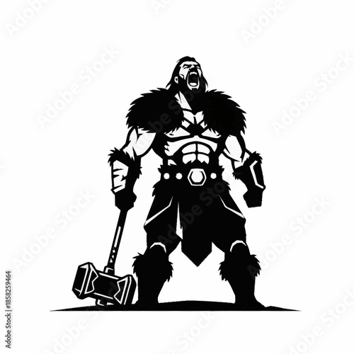 Powerful Viking Warrior with Hammer Roaring in Black and White.