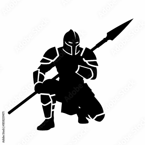 Silhouette of a kneeling armored warrior holding a spear.