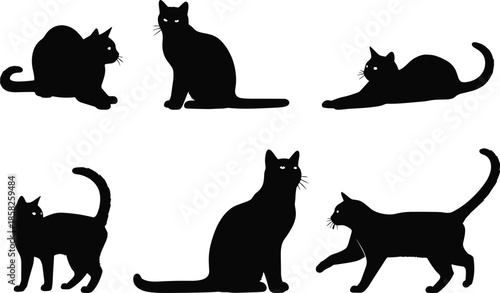 Cat silhouette, sitting cat, walking cat, stretching cat, crouching cat, standing cat, feline vector, black silhouettes, editable vector, pet clipart, animal icons, cat poses,