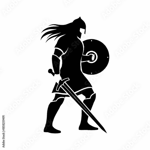 Silhouette of a powerful warrior with sword and shield.