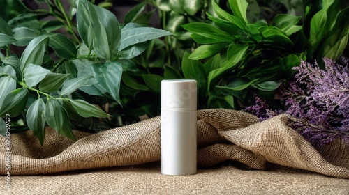 A white cylindrical bottle stands before a burlap textured backdrop,