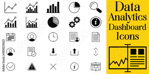  Handmade data analytics dashboard icons, charts, graphs, and various analytical symbols 
