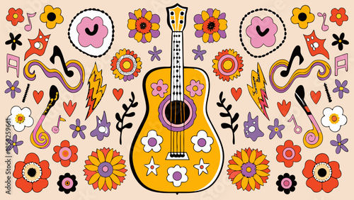 Vibrant flat vector illustration of a stylized guitar surrounded by colorful flowers, music