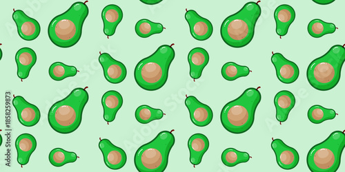 Vibrant seamless pattern with avocados in flat cartoon style on light green background. Repeated fruits pattern  for decorations, wrapping papper, cooking and nature themes. Vector illustration. 