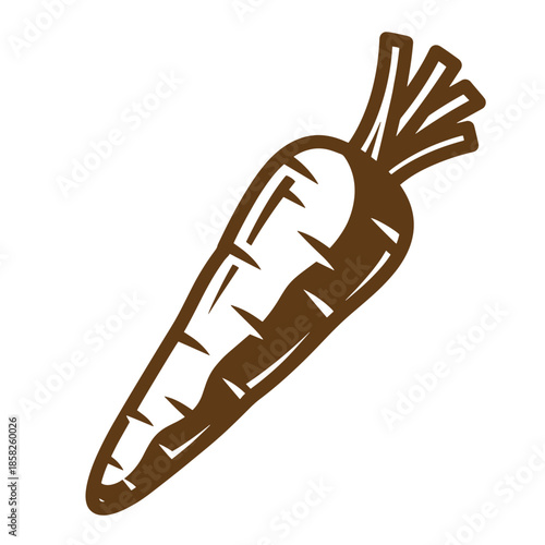 Vintage Brown carrot illustration with green leaves on top isolated on white background