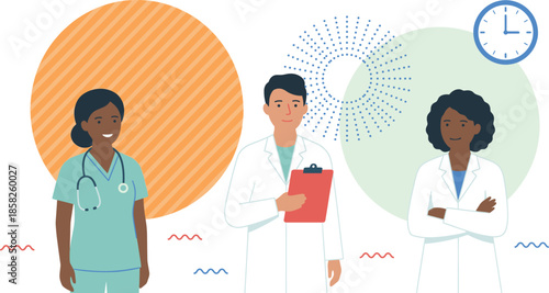 Healthcare professionals team illustration featuring diverse doctors and nurses collaborating to provide patient care, medical services, trust, and teamwork excellence