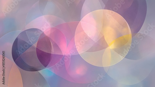 Abstract composition of overlapping translucent circles in pink, yellow, purple, blue,