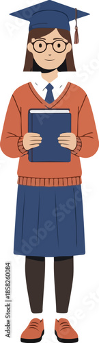 Illustration of a young woman wearing a graduation cap and holding a book on a white background.