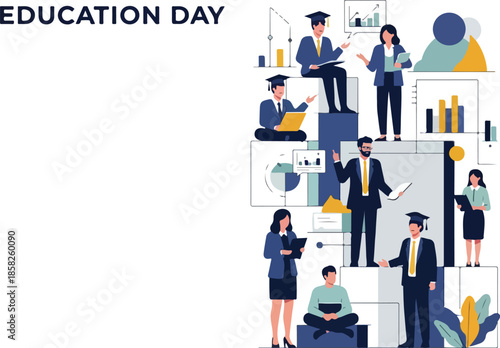 Illustration of diverse people in business attire with graduation caps engaging in various activities on a stylized background with graphs and charts in a professional and educational
