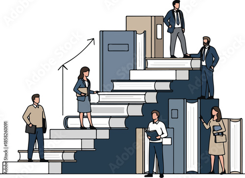 Illustration of business professionals standing on and around a staircase made of office supplies and books in a modern workspace with a professional mood.