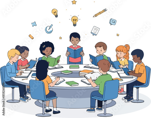 Diverse group of children sitting around a round table with a teacher, engaging in a collaborative learning activity with educational icons floating above, against a clean white background