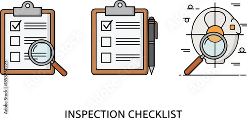 Flat lay of clipboard checklists and magnifying glass on white background with inspection icons.