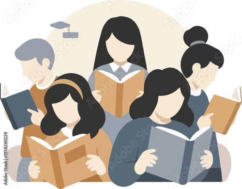 Illustration of a diverse group of students reading books together in a casual setting with a minimalist background.