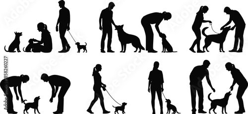 Dog interaction silhouette, walking dog, feeding dog, training dog, pet owner, dog behavior, black silhouettes, editable vector, dog clipart, animal icons, dog poses, dog collection, 