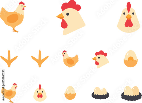 Flat lay illustration of various cartoon chickens and eggs on a white background with a playful and colorful design.