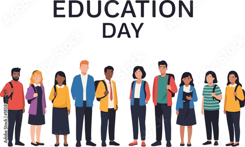 Illustration of diverse group of adults standing together on Education Day with colorful clothing against a white background.