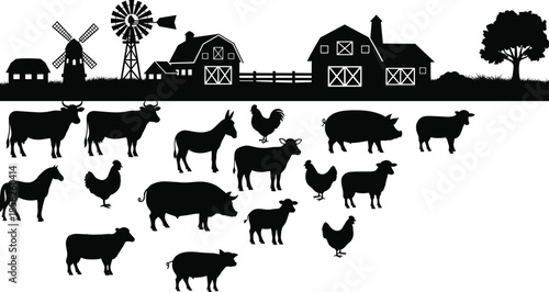Farm silhouette, barn vector, cow silhouette, pig silhouette, sheep silhouette, chicken silhouette, horse silhouette, goat silhouette, windmill, silo, fence, tree, 