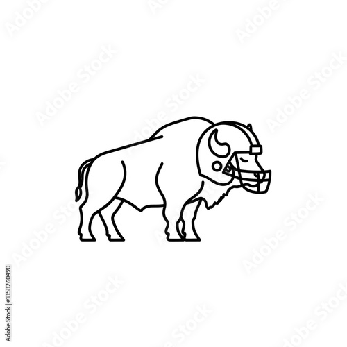 Line Art Illustration of a Ferocious Bison Wearing a Helmet for Sports or Wildlife Designs