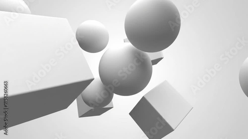 Abstract three dimensional rendering of white spheres and cubes floating in a minimalist light gray gradient background creating a dynamic geometric visual effect