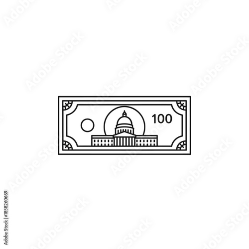 Minimalist Black and White Illustration of a $100 Bill with Capitol Building Design