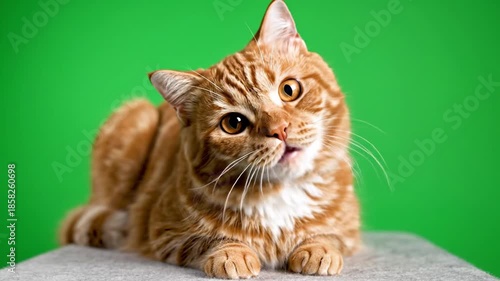 Adorable ginger tabby cat with striking amber eyes posing calmly on a textured surface against a vibrant solid green screen background for easy isolation.