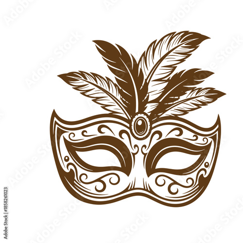 Vintage brown decorative masquerade ball mask with feathers on top isolated on transparent background