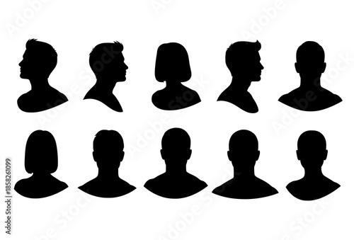 People silhouette vector set of individual men and women upper body and profile views isolated on white background
