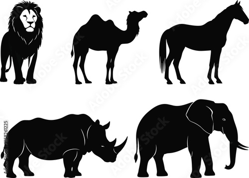 Lion silhouette, camel silhouette, horse silhouette, rhinoceros silhouette, elephant silhouette, wild animals, safari vector, wildlife clipart, animal icons, black silhouettes, zoo animals, 